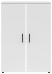 Weiße Kommode mit zwei Türen und schwarzen Griffen, frontale Ansicht.