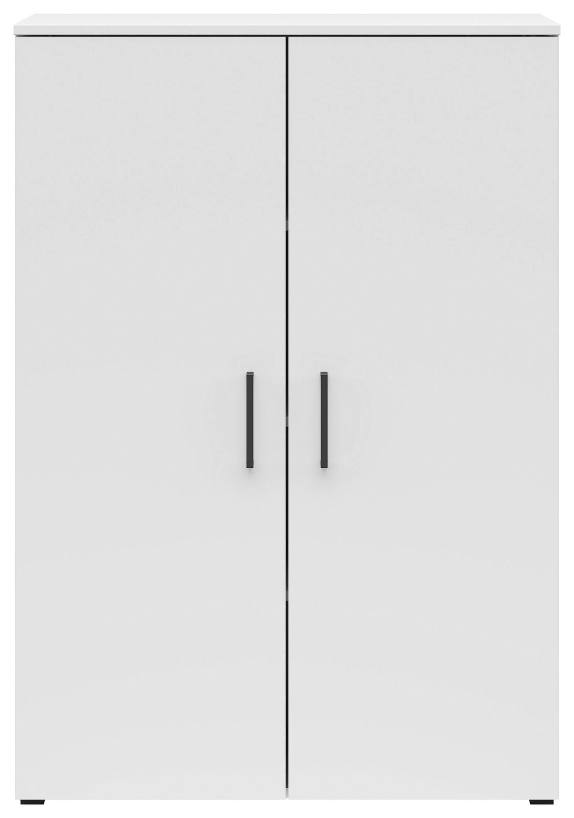 Weiße Kommode mit zwei Türen und schwarzen Griffen, frontale Ansicht.