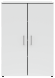 Weiße Kommode mit zwei Türen und schwarzen Griffen, frontale Ansicht.