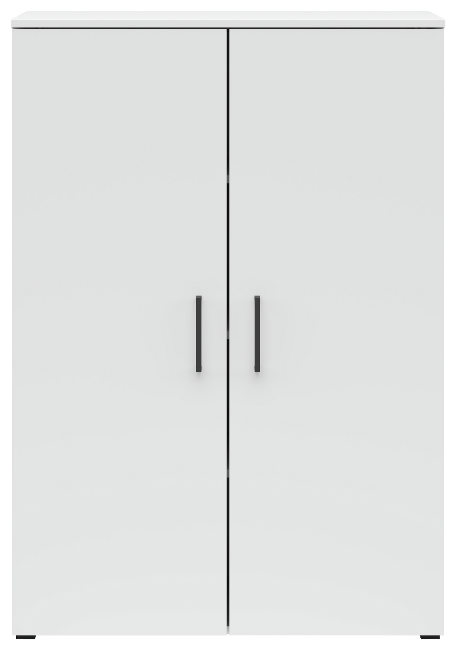 Weiße Kommode mit zwei Türen und schwarzen Griffen, frontale Ansicht.