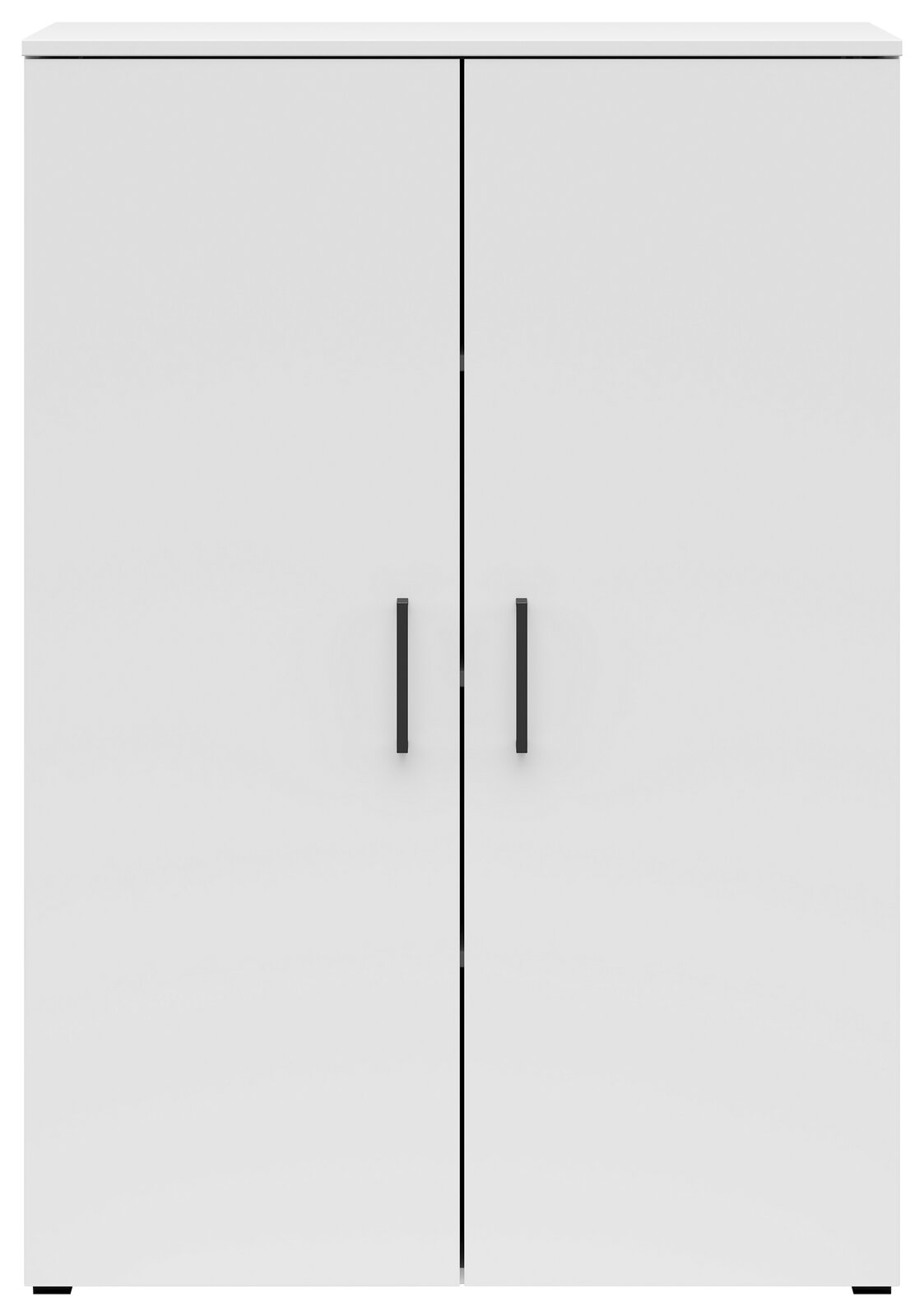 Weiße Kommode mit zwei Türen und schwarzen Griffen, frontale Ansicht.