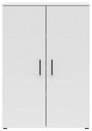 Weiße Kommode mit zwei Türen und schwarzen Griffen, frontale Ansicht.