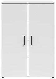 Weiße Kommode mit zwei Türen und schwarzen Griffen, frontale Ansicht.