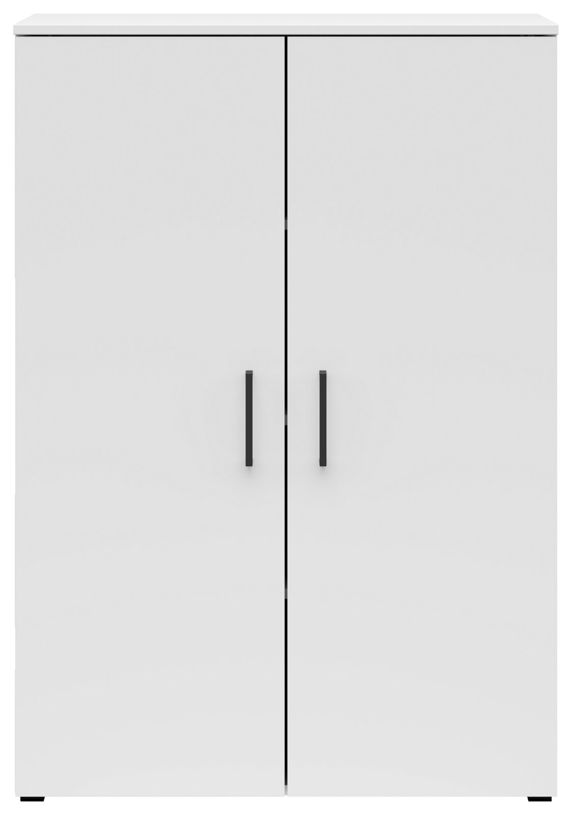 Weiße Kommode mit zwei Türen und schwarzen Griffen, frontale Ansicht.