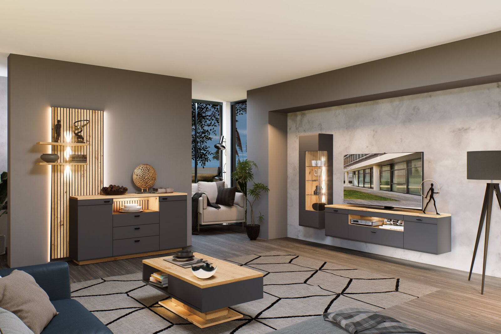 Moderne Hänge-TV-Wohnwand in einem stilvollen Wohnzimmer, seitliche Perspektive
