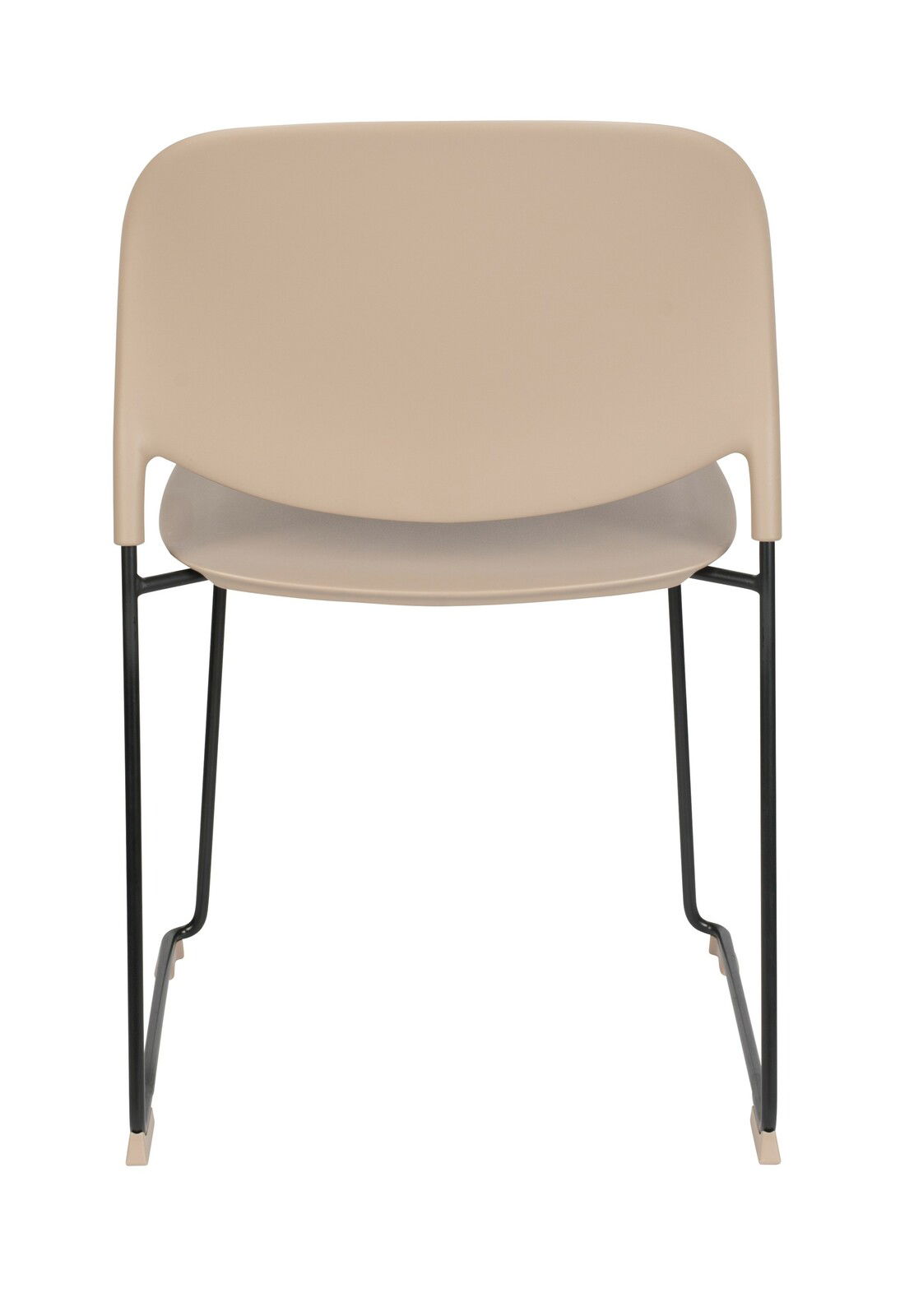 Rückansicht eines modernen Stuhls mit beigem Sitz und Rückenlehne, schwarzem Metallgestell.