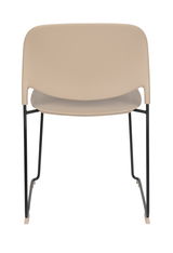 Rückansicht eines modernen Stuhls mit beigem Sitz und Rückenlehne, schwarzem Metallgestell.