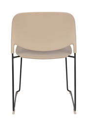 Rückansicht eines modernen Stuhls mit beigem Sitz und Rückenlehne, schwarzem Metallgestell.