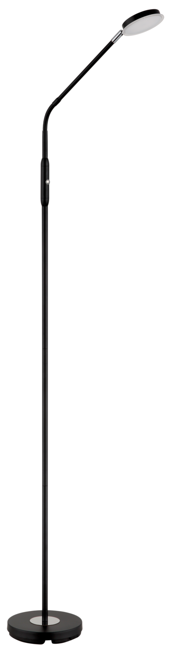Schwarze LED-Stehleuchte mit flexiblem Hals und rundem Sockel, seitliche Perspektive