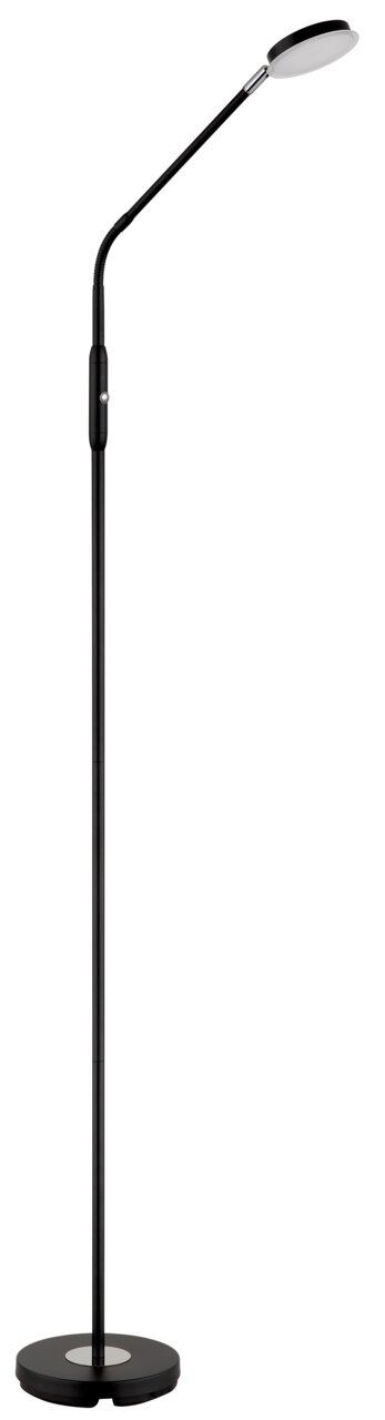 Schwarze LED-Stehleuchte mit flexiblem Hals und rundem Sockel, seitliche Perspektive