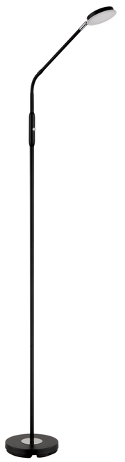 Schwarze LED-Stehleuchte mit flexiblem Hals und rundem Sockel, seitliche Perspektive