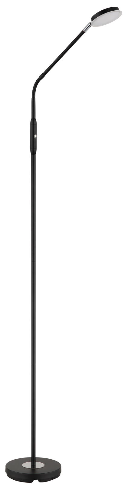 Schwarze LED-Stehleuchte mit flexiblem Hals und rundem Sockel, seitliche Perspektive