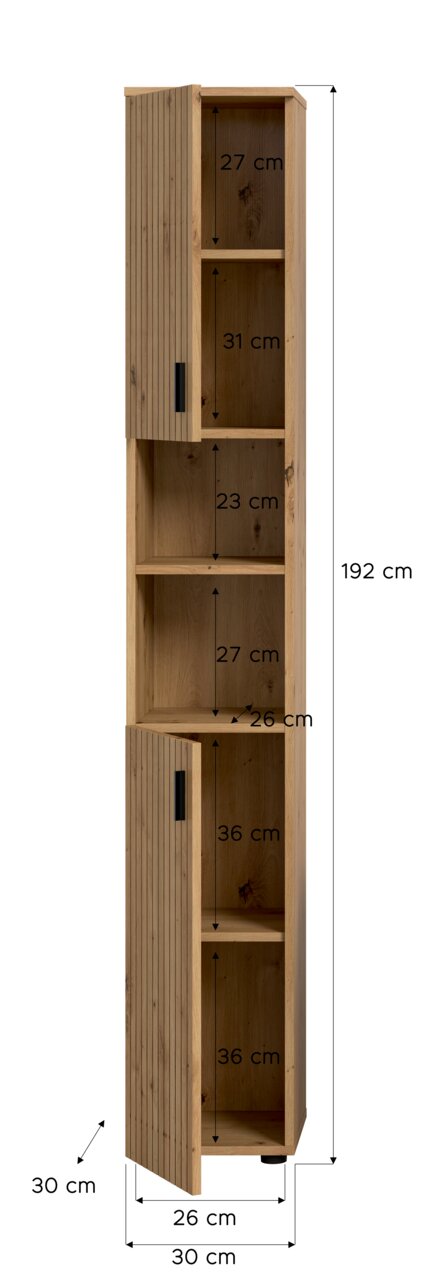 Schmaler hoher Holz-Hochschrank mit offenen Fächern und zwei geriffelten Türen mit schwarzen Griffen, Maße ca. 192 x 30 x 30 cm, Frontansicht mit eingezeichneten Fachhöhen und Tiefenmaßen.