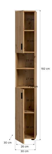Schmaler hoher Holz-Hochschrank mit offenen Fächern und zwei geriffelten Türen mit schwarzen Griffen, Maße ca. 192 x 30 x 30 cm, Frontansicht mit eingezeichneten Fachhöhen und Tiefenmaßen.