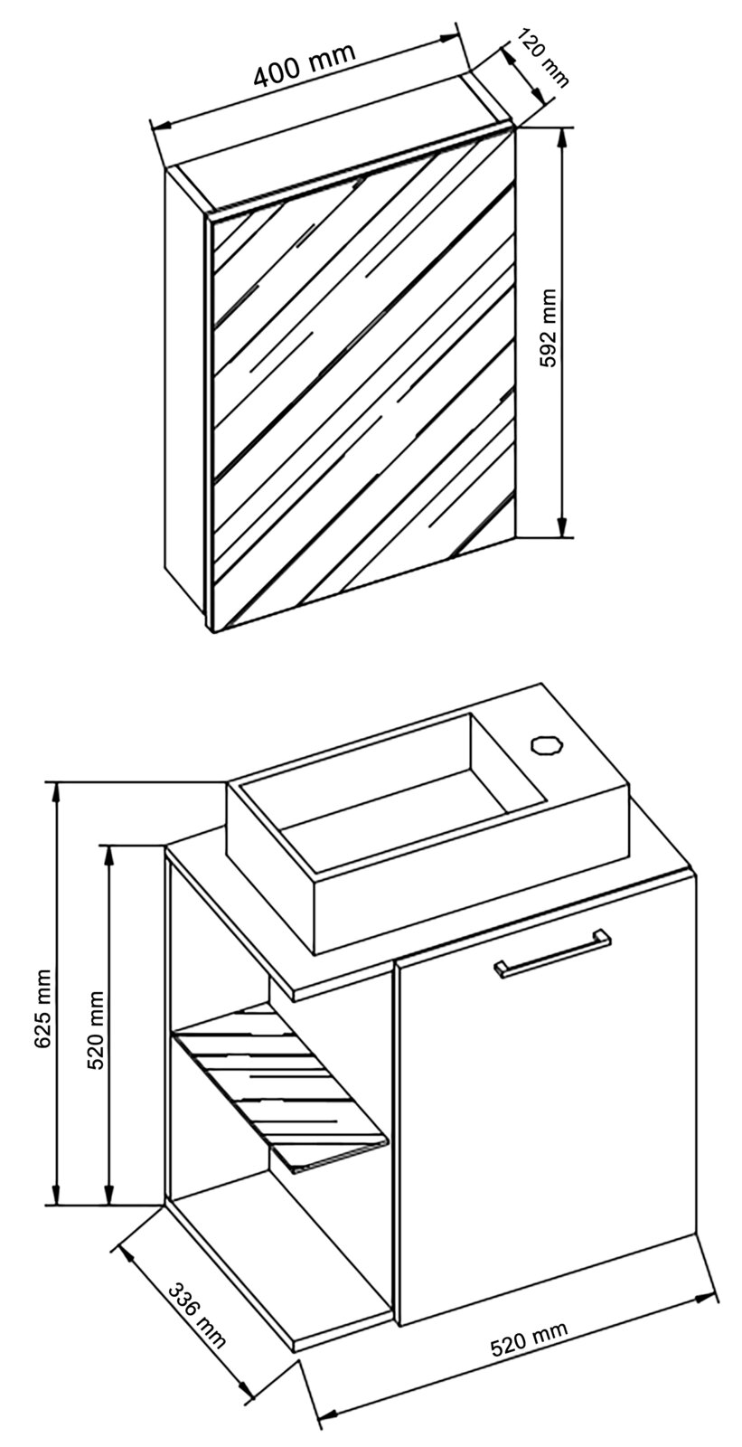 Isometrische technische Zeichnung eines kompakten Badmöbels/Waschtischunterschranks mit Aufsatzwaschbecken und schräger Ablage; Bemaßung u. a. ca. 520 mm Breite, 625 mm Höhe und 336 mm Tiefe, zusätzlich Front-/Paneelmaß ca. 400 × 592 mm (Perspektive: isom