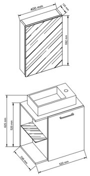 Isometrische technische Zeichnung eines kompakten Badmöbels/Waschtischunterschranks mit Aufsatzwaschbecken und schräger Ablage; Bemaßung u. a. ca. 520 mm Breite, 625 mm Höhe und 336 mm Tiefe, zusätzlich Front-/Paneelmaß ca. 400 × 592 mm (Perspektive: isom