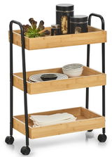 Rollwagen aus Holz mit drei Ebenen, gefüllt mit Küchenutensilien, aus seitlicher Perspektive