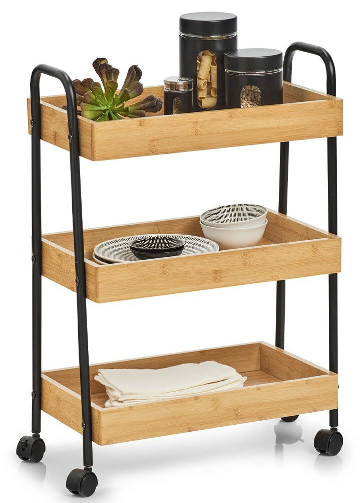 Rollwagen aus Holz mit drei Ebenen, gefüllt mit Küchenutensilien, aus seitlicher Perspektive