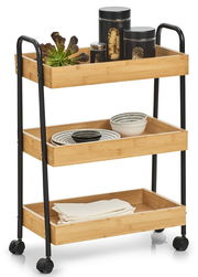 Rollwagen aus Holz mit drei Ebenen, gefüllt mit Küchenutensilien, aus seitlicher Perspektive