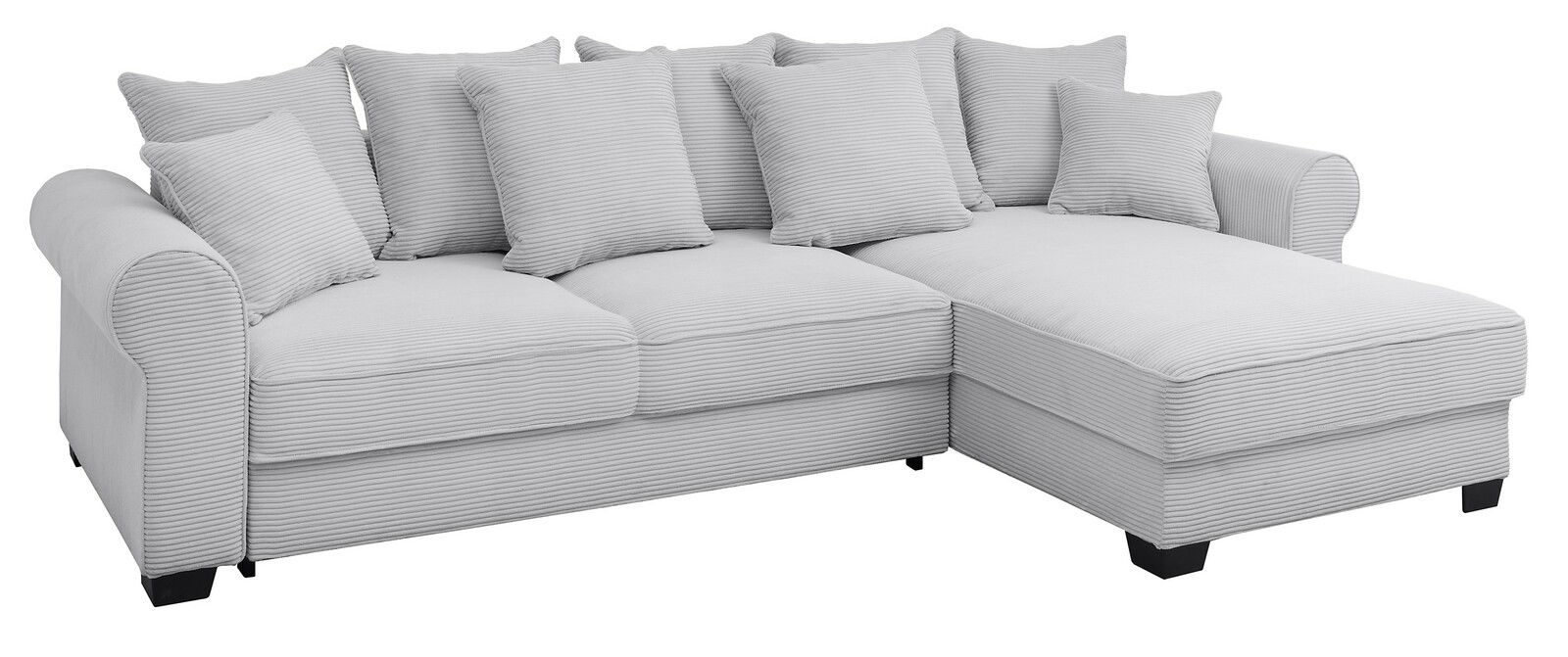 Graues Ecksofa mit mehreren Kissen, Perspektive von vorne rechts