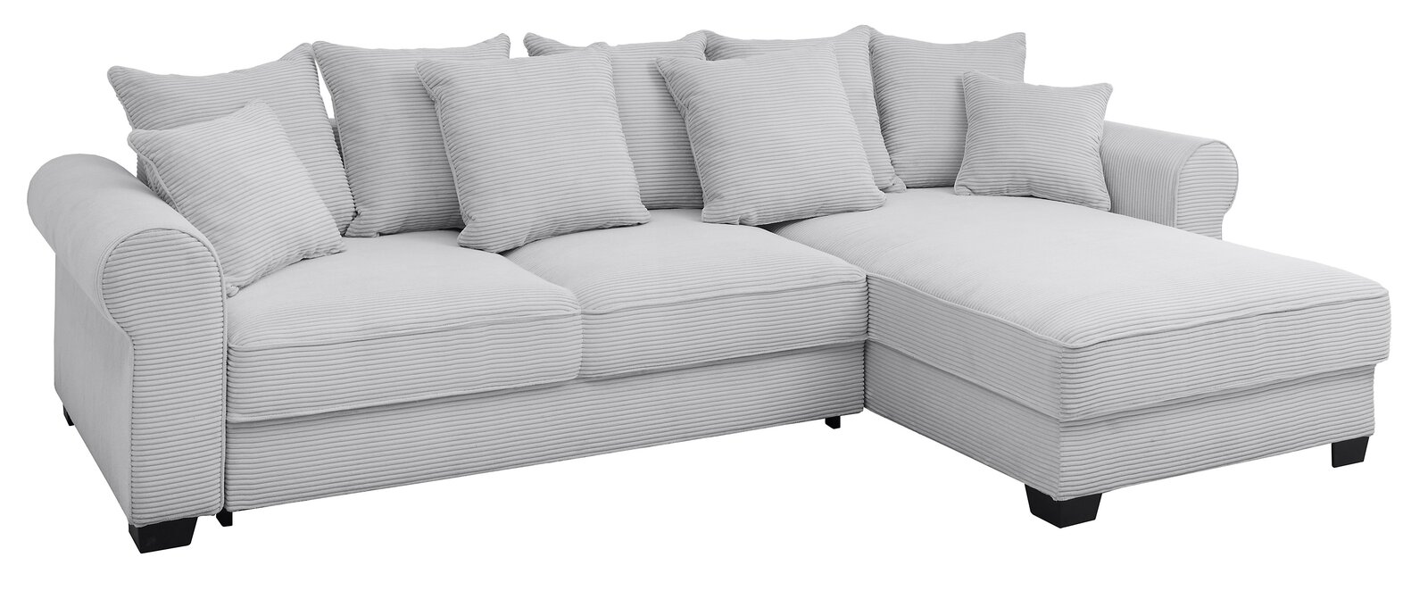 Hom´in Ecksofa Maureen XL Graues Ecksofa mit mehreren Kissen, Perspektive von vorne rechts