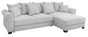 Graues Ecksofa mit mehreren Kissen, Perspektive von vorne rechts