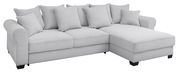 Graues Ecksofa mit mehreren Kissen, Perspektive von vorne rechts