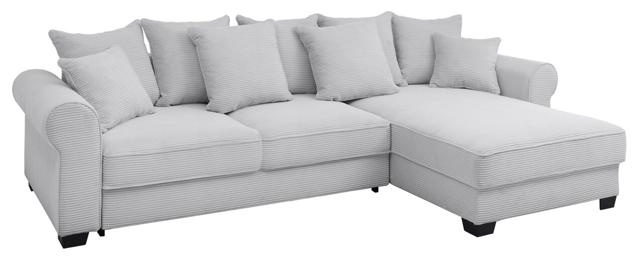 Graues Ecksofa mit mehreren Kissen, Perspektive von vorne rechts