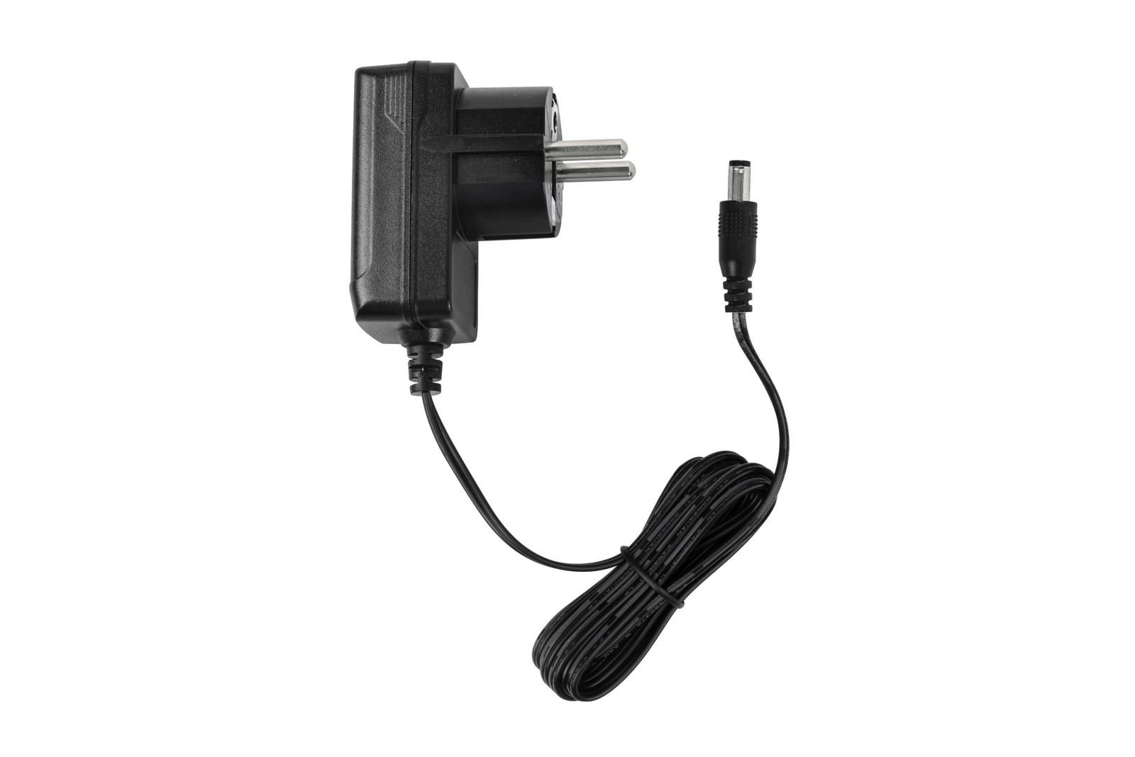 Schwarzes Netzteil mit Kabel, seitliche Ansicht