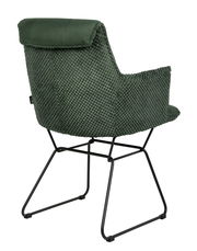 Rückansicht eines grünen Armlehnstuhls mit geflochtenem Stoffbezug und schwarzem Metallgestell.