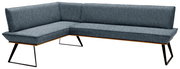 Eckbank in L-Form mit grauem Stoffbezug und modernen Metallbeinen, seitliche Perspektive