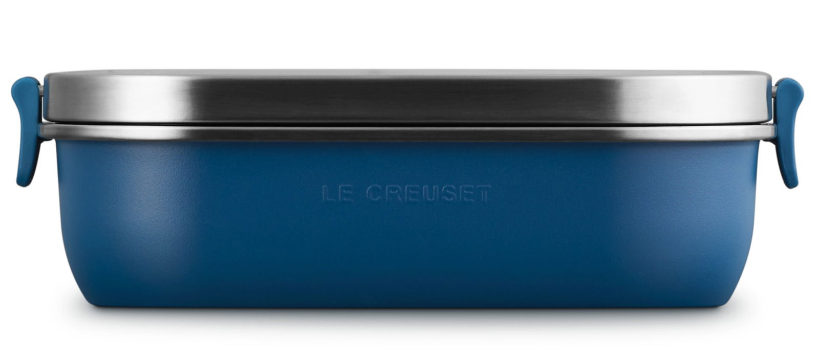 Lunchbox 900ml in tiefem Blau mit Edelstahl-Deckel, seitliche Ansicht