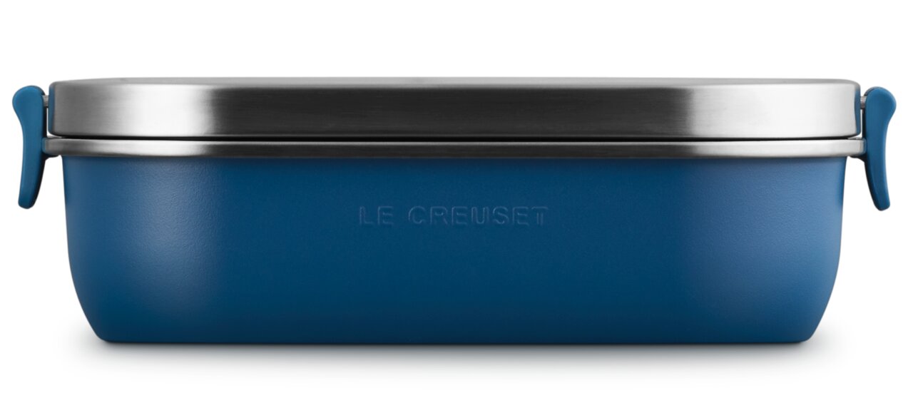 Lunchbox 900ml in tiefem Blau mit Edelstahl-Deckel, seitliche Ansicht