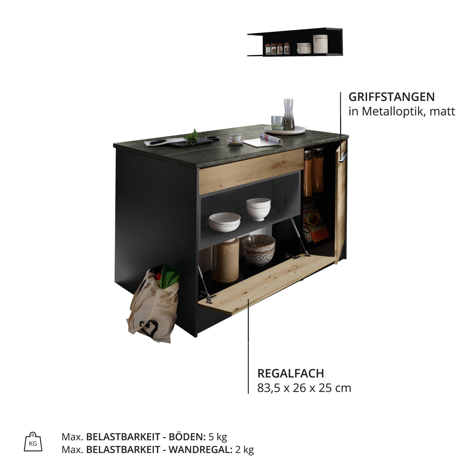 Kücheninsel mit schwarzer Arbeitsplatte, Holzfronten und offenen Regalfächern, seitliche Perspektive