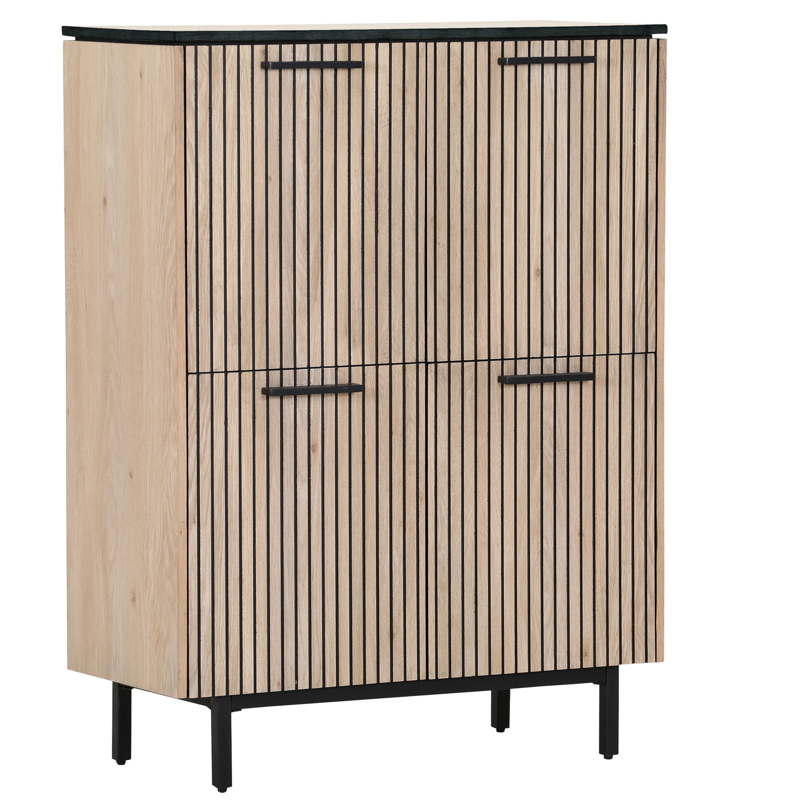 Modernes Highboard aus Holz mit schwarzen vertikalen Streifen und Metallgriffen, seitliche Perspektive