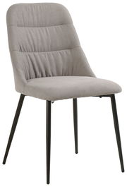 Moderner grauer Stuhl mit gepolsterter Rückenlehne und schwarzen Metallbeinen, seitliche Perspektive