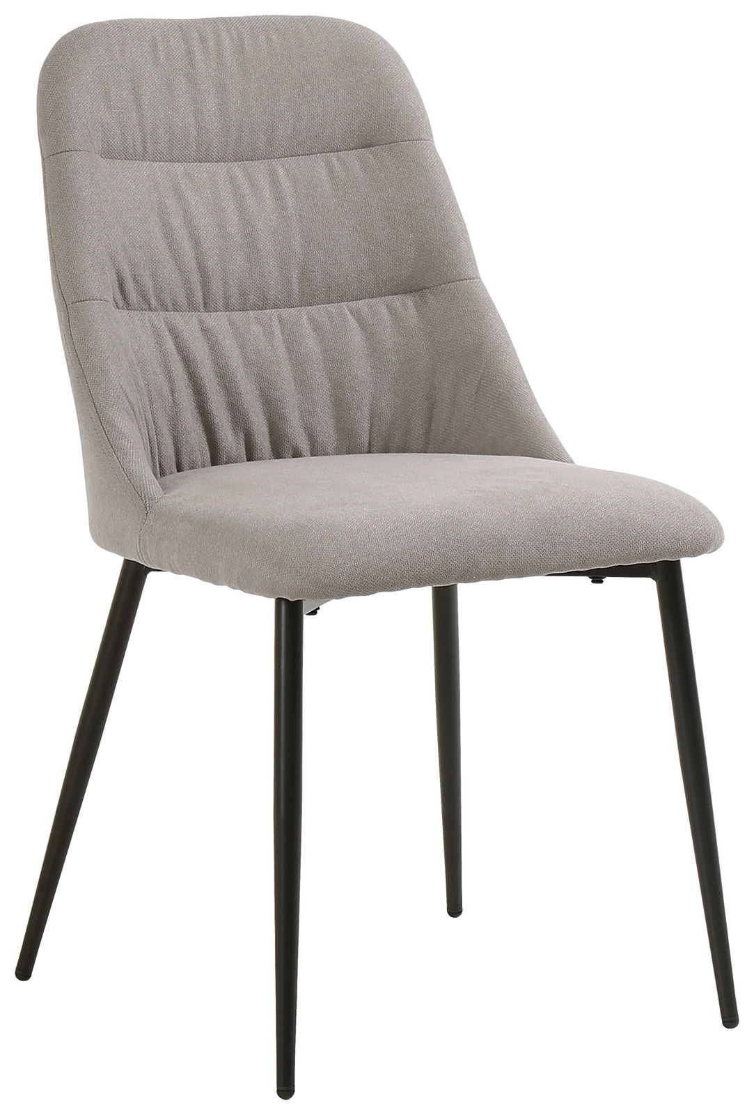 Moderner grauer Stuhl mit gepolsterter Rückenlehne und schwarzen Metallbeinen, seitliche Perspektive