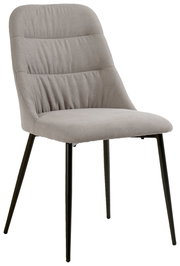 Moderner grauer Stuhl mit gepolsterter Rückenlehne und schwarzen Metallbeinen, seitliche Perspektive