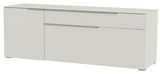 Modernes TV-Lowboard in Weiß mit zwei Schubladen und einer Tür, seitliche Perspektive