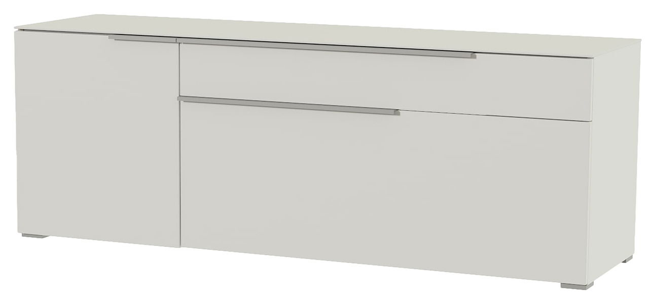 Modernes TV-Lowboard in Weiß mit zwei Schubladen und einer Tür, seitliche Perspektive