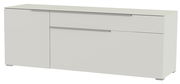 Modernes TV-Lowboard in Weiß mit zwei Schubladen und einer Tür, seitliche Perspektive