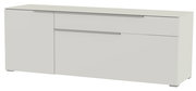 Modernes TV-Lowboard in Weiß mit zwei Schubladen und einer Tür, seitliche Perspektive
