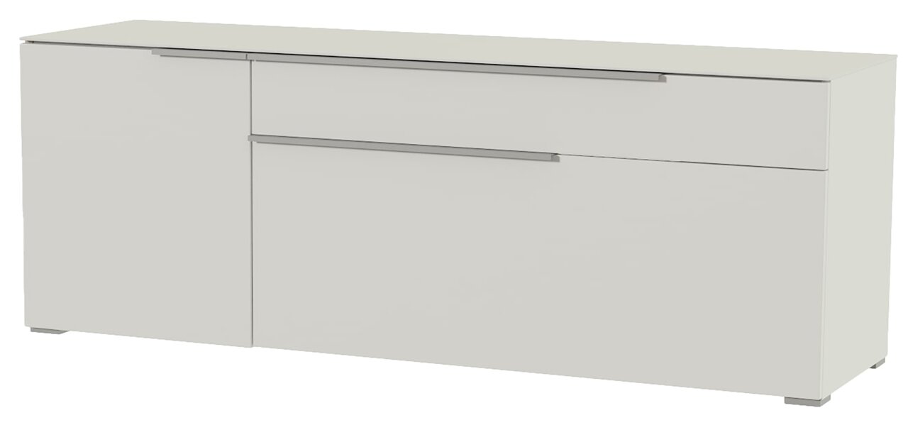 Modernes TV-Lowboard in Weiß mit zwei Schubladen und einer Tür, seitliche Perspektive