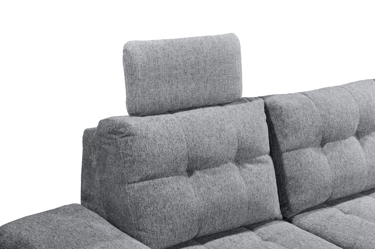 Graues Sofa mit verstellbarer Kopfstütze, seitliche Perspektive