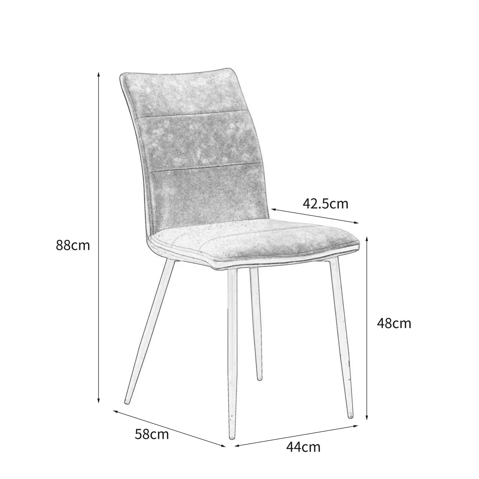 Moderner Stuhl mit gepolsterter Rückenlehne und Sitzfläche, seitliche Perspektive, Maße: 88cm hoch, 58cm tief, 44cm breit, Sitzhöhe 48cm, Sitztiefe 42,5cm.