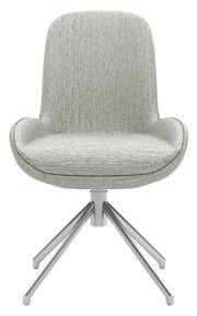 Moderner Stuhl mit grauem Stoffbezug und Metallgestell, Frontalansicht