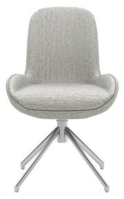 Moderner Stuhl mit grauem Stoffbezug und Metallgestell, Frontalansicht