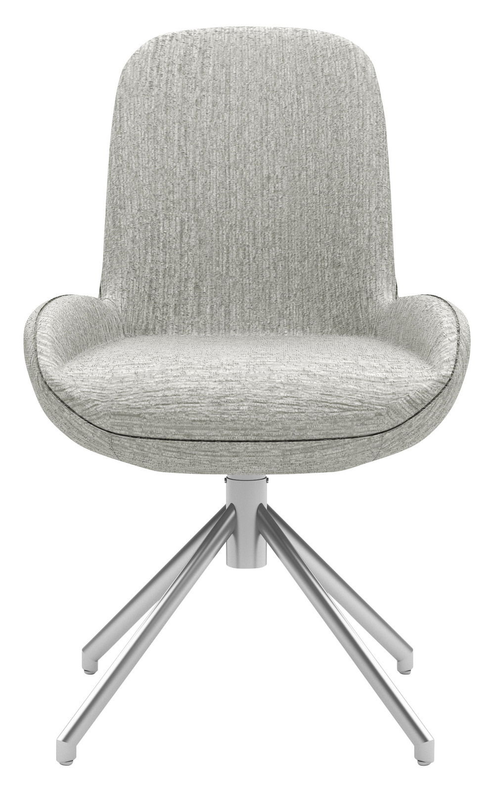 Moderner Stuhl mit grauem Stoffbezug und Metallgestell, Frontalansicht