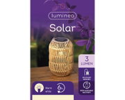 Solar Laterne aus Eisen mit warmweißem Licht, 3 Lumen, auf einem Tisch im Freien, Vorderansicht