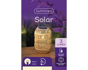 Solar Laterne aus Eisen mit warmweißem Licht, 3 Lumen, auf einem Tisch im Freien, Vorderansicht